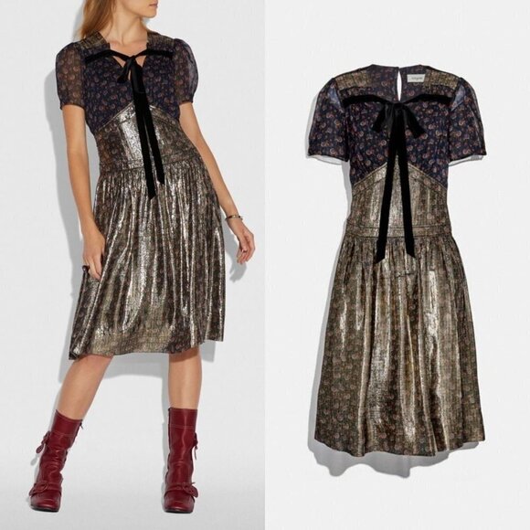 Coach 1941 Metallic Daisy Print Dress Silk Floral Knee Length New with Tags 8 - Picture 1 of 12